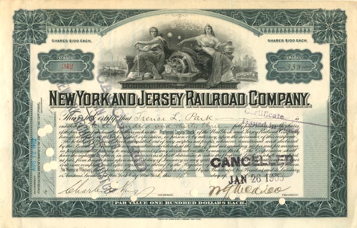 W. G. McAdoo signed New York and Jersey Railroad Co. - Autograph Railway Stock Certificate
